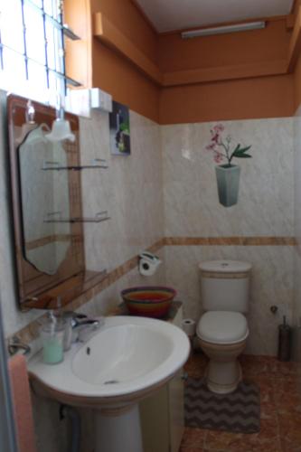 W łazience znajduje się umywalka, toaleta i lustro. w obiekcie Chez Marina w mieście Quatre Bornes