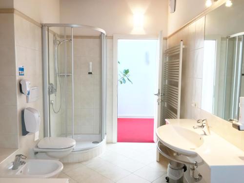 a bathroom with a shower and a toilet and a sink at Manzoni Rooms in Merano