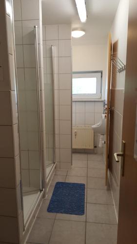 a bathroom with a shower and a blue rug at GÄSTE-WOHNUNG "Harly" -Monteurzimmervermietung- in Vienenburg