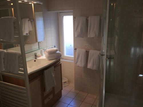 ein Badezimmer mit Waschbecken und Dusche in der Unterkunft La Maison de Valentine in Jarjayes