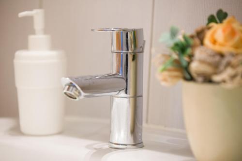 un lavandino in bagno con rubinetto d'argento e vaso di Apartments S&A a Zagabria