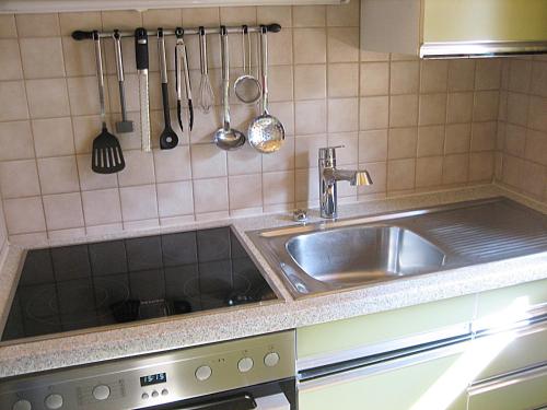 uma cozinha com um lavatório de aço inoxidável e utensílios em Ferienhaus Ebnerle em Heiligenblut