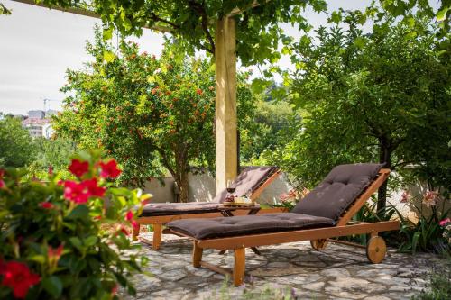 2 ligstoelen op een patio onder een boom bij Madonna Guest House in Dubrovnik