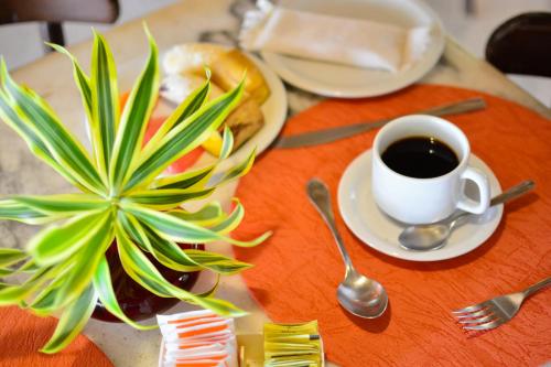 einen Tisch mit einer Tasse Kaffee und einer Pflanze in der Unterkunft Via Das Pedras Pousada in Morro de São Paulo