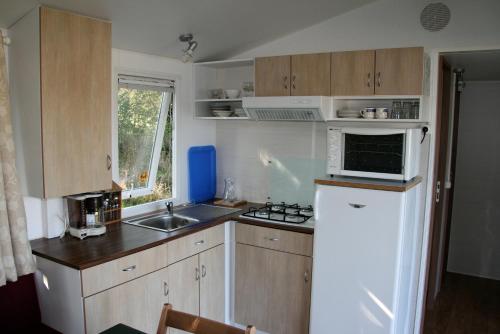 a small kitchen with a refrigerator and a microwave at Logis de l'Aubonnière in Chaille sous les Ormeaux