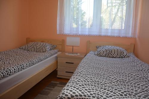 two beds in a small room with a window at Domki "Bociania Ostoja" in Mikołajki