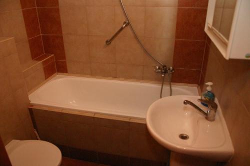 a bathroom with a tub and a sink and a toilet at Penzion Pohoda in Lultsch