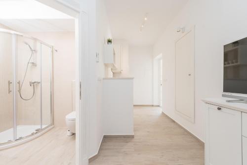 bagno bianco con doccia e servizi igienici di Villa Bella with pool a Novalja (Novaglia)