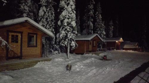 una cabaña en la nieve con una boca de incendios en JVT Cabins, en Kiruna