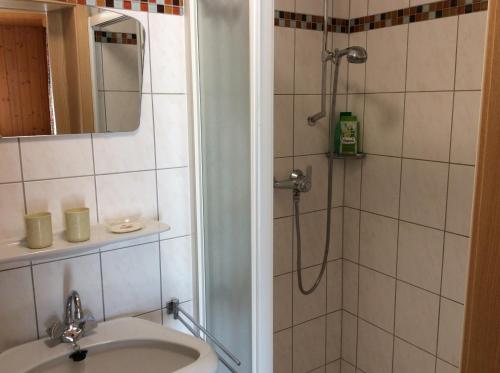 uma casa de banho com um chuveiro e um lavatório. em Haus Erika em Wagrain