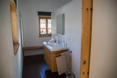 bagno con lavandino e specchio di Ferienwohnung Springer a Schliersee