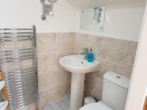 a bathroom with a sink and a toilet at Church View at Plover Cottage Lindley in Huddersfield