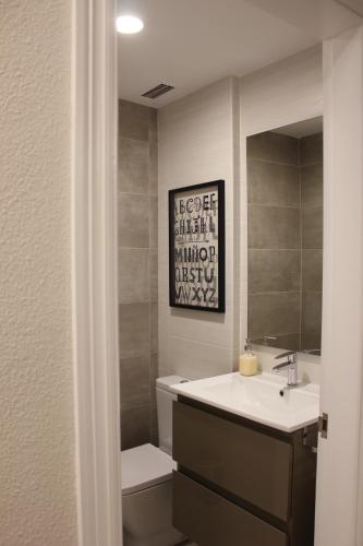 a bathroom with a sink and a toilet and a mirror at Apartamento Sanguesa in Sangüesa