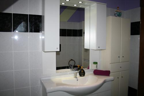 a white bathroom with a sink and a mirror at Apartman Aleks in Bale