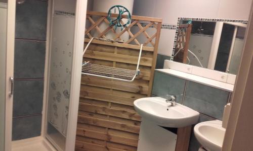 Palau-del-VidreにあるGite Mas Des Ecureuilsのバスルーム(洗面台、トイレ、鏡付)