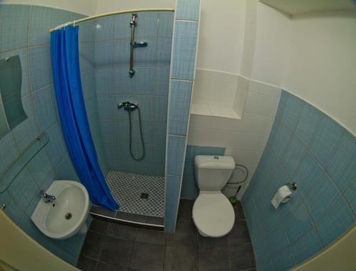 a bathroom with a sink and a toilet and a shower at Hotelak Martinov in Ostrava