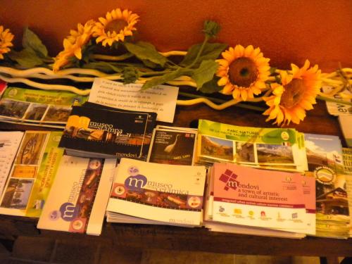 a table with books and sunflowers on it at Agriturismo La Dimora Del Contadino in Mondovì