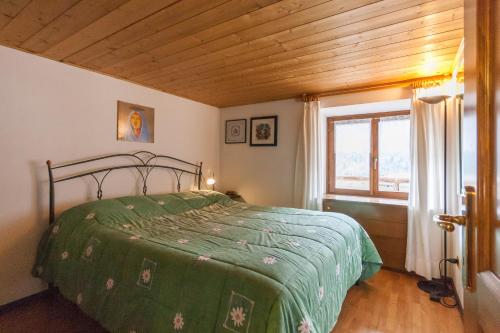 ein Schlafzimmer mit einem Bett mit einer grünen Bettdecke und einem Fenster in der Unterkunft Casa Silva in Falcade