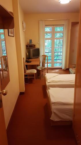 ソポトにあるhostel leśnyのベッドが2つと机とコンピューターがある部屋