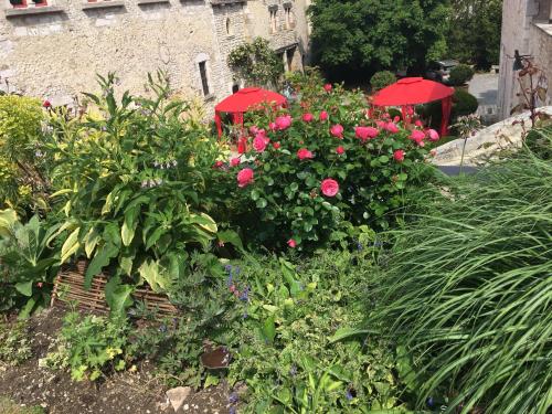 a garden with pink flowers and red umbrellas at Demeure des Vieux Bains in Provins