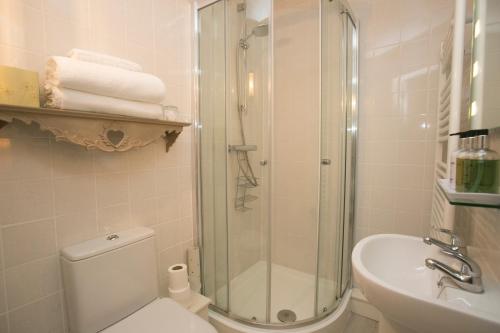 a bathroom with a shower and a toilet and a sink at Tudor Cottage B&B Frampton in Dorchester