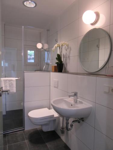 uma casa de banho com um WC, um lavatório e um espelho. em Minsu Hotel em Mülheim an der Ruhr