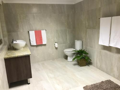 a bathroom with a white toilet and a sink at At Sta-Plus Guest House in Port Elizabeth