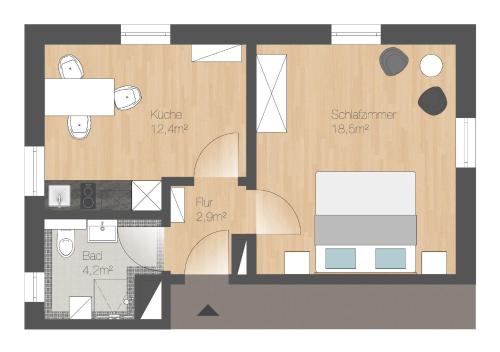 a floor plan of a small apartment with at "Glücksmoment" in Bad Kreuznach