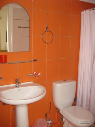 an orange tiled bathroom with a toilet and a sink at Manto Studios in Palaiochóra