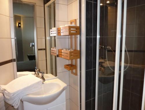 W łazience znajduje się umywalka i prysznic. w obiekcie Hôtel Le Bellevue w mieście Tarascon-sur-Ariège
