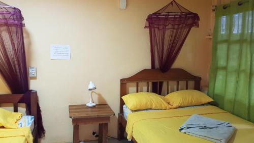 a bedroom with two beds and a lamp on a table at Jacobin Hostel & Cabins in Drake