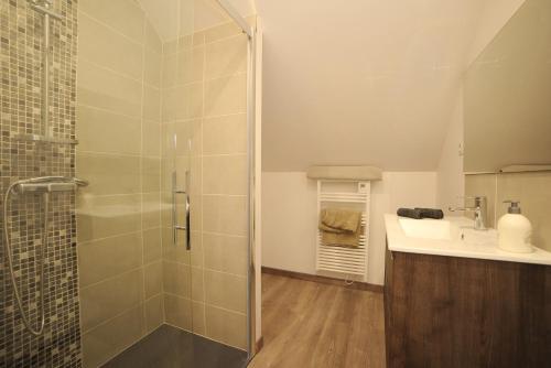 a bathroom with a glass shower and a sink at Le Parc Stanislas in Chartres