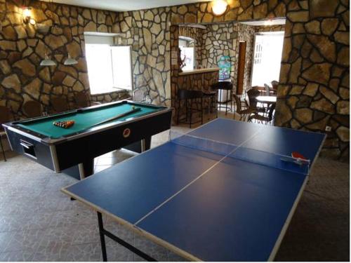 a ping pong table in a room with a pool table at Apartments Vila San in Kamenari