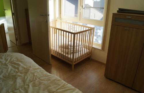 米德爾克爾克的住宿－Zee en polder nummer 16，卧室在窗户前配有婴儿床