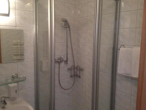 ein Bad mit einer Dusche und einem Waschbecken in der Unterkunft Hotel Julian in Stettin