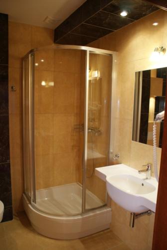 a bathroom with a shower and a sink at Pensjonat Solis Sarbinowo in Sarbinowo
