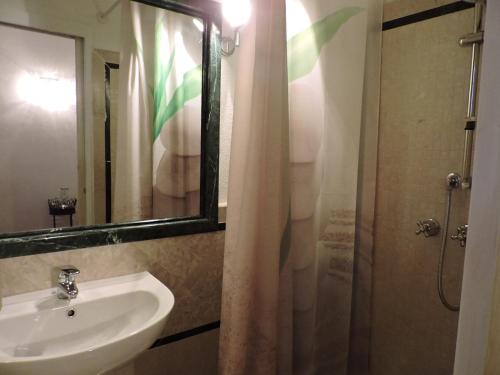 a bathroom with a sink and a shower with a mirror at Il Giardino Segreto in Tellaro