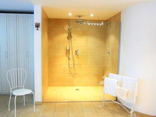 a bathroom with a shower with a sink and a chair at Appartement Ambiente in Waidhofen an der Ybbs