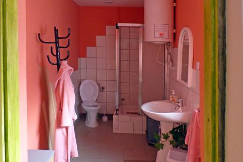 een badkamer met een toilet en een wastafel bij Apartamenty w Kamienicy in Reszel