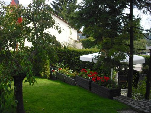 a garden with a row of flowers and an umbrella at Gästehaus Cramer in Bad Kissingen