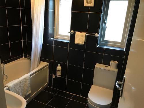 a bathroom with a toilet and a tub and a sink at Charimore Relaxation House in Abbey Wood