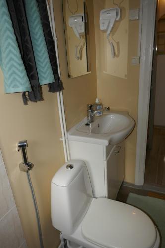 La petite salle de bains est pourvue de toilettes et d'un lavabo. dans l'établissement Kärdla Holiday House, à Kärdla