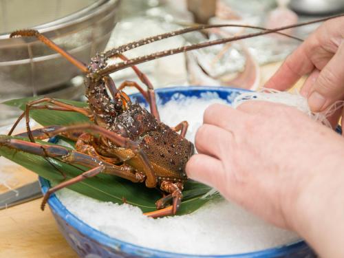 a large lobster in a bowl of snow at Iwamotoro in Fujisawa