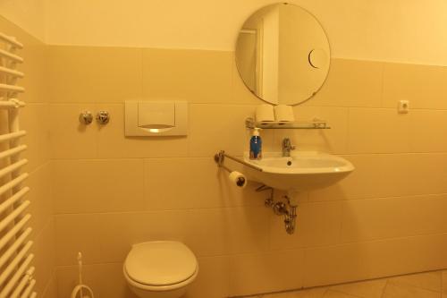 a bathroom with a sink and a toilet and a mirror at Gasthof Gruner Baum in Bayreuth