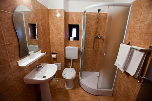 a bathroom with a toilet and a sink and a shower at Casa Vlasin in Poiana Brasov