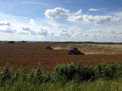 two tractors are working in a field at Agrisalotto in Cortona