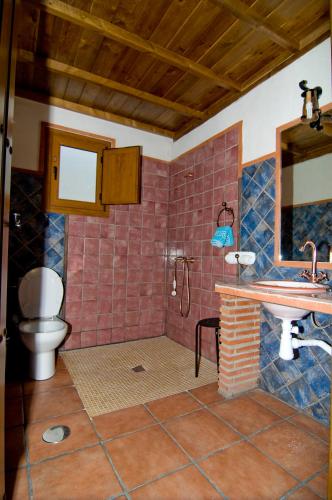 a bathroom with a shower and a sink and a toilet at Complejo Rural El Molinillo in Arenas del Rey