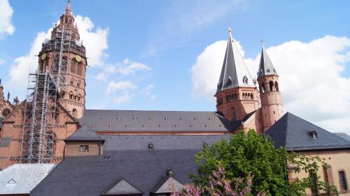ein großes Schloss mit zwei Türmen und zwei Türmen in der Unterkunft Hof Ehrenfels in Mainz
