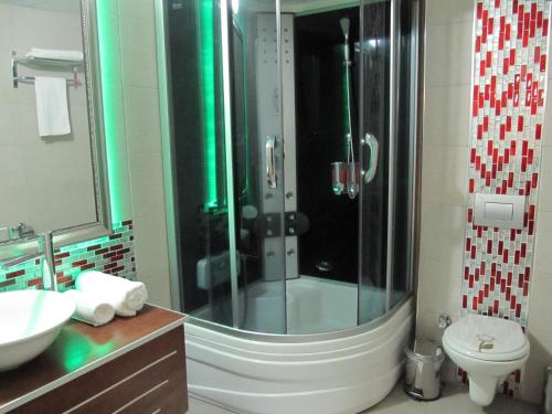 a bathroom with a shower with a toilet and a sink at Ayvazali Hotel in Bergama