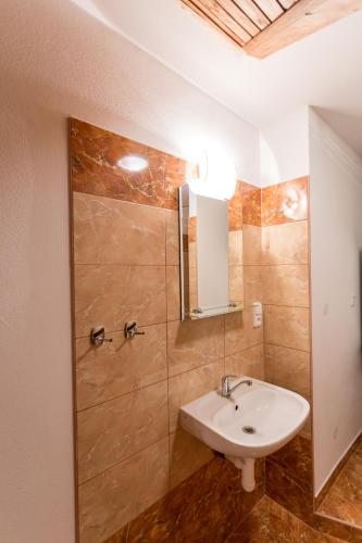a bathroom with a sink and a mirror at Penzion Šatovské lípy in Šatov